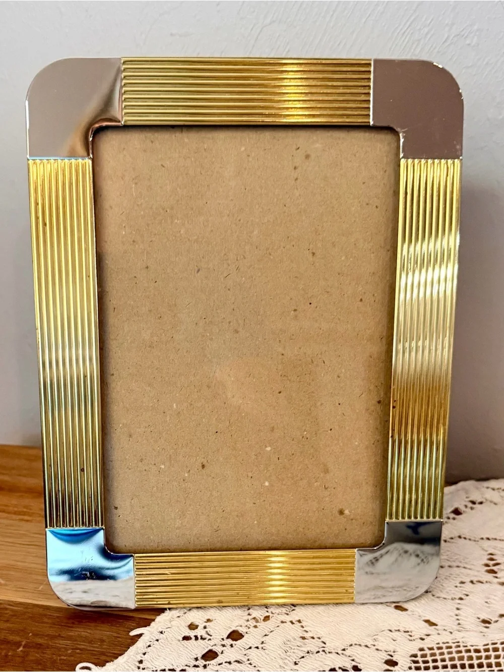 Vintage Art Deco Gold and Silver Ribbed Metal Picture Frame holds 5x7- Unbranded